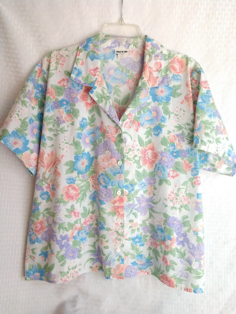 Vintage Act III Cute Floral Shirt Short Sleeve Camp White Blue Pink USA Size 18W